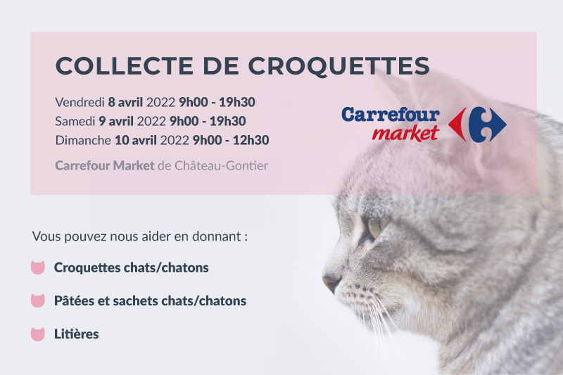 Collecte de croquettes les 8, 9, 10 avril 2022 au Carrefour Market de Château-Gontier