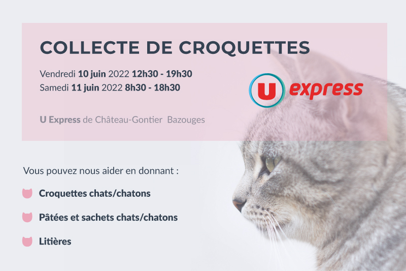 Collecte de croquettes les 10 et 11 juin 2022 au U Express de Château-Gontier Bazouges